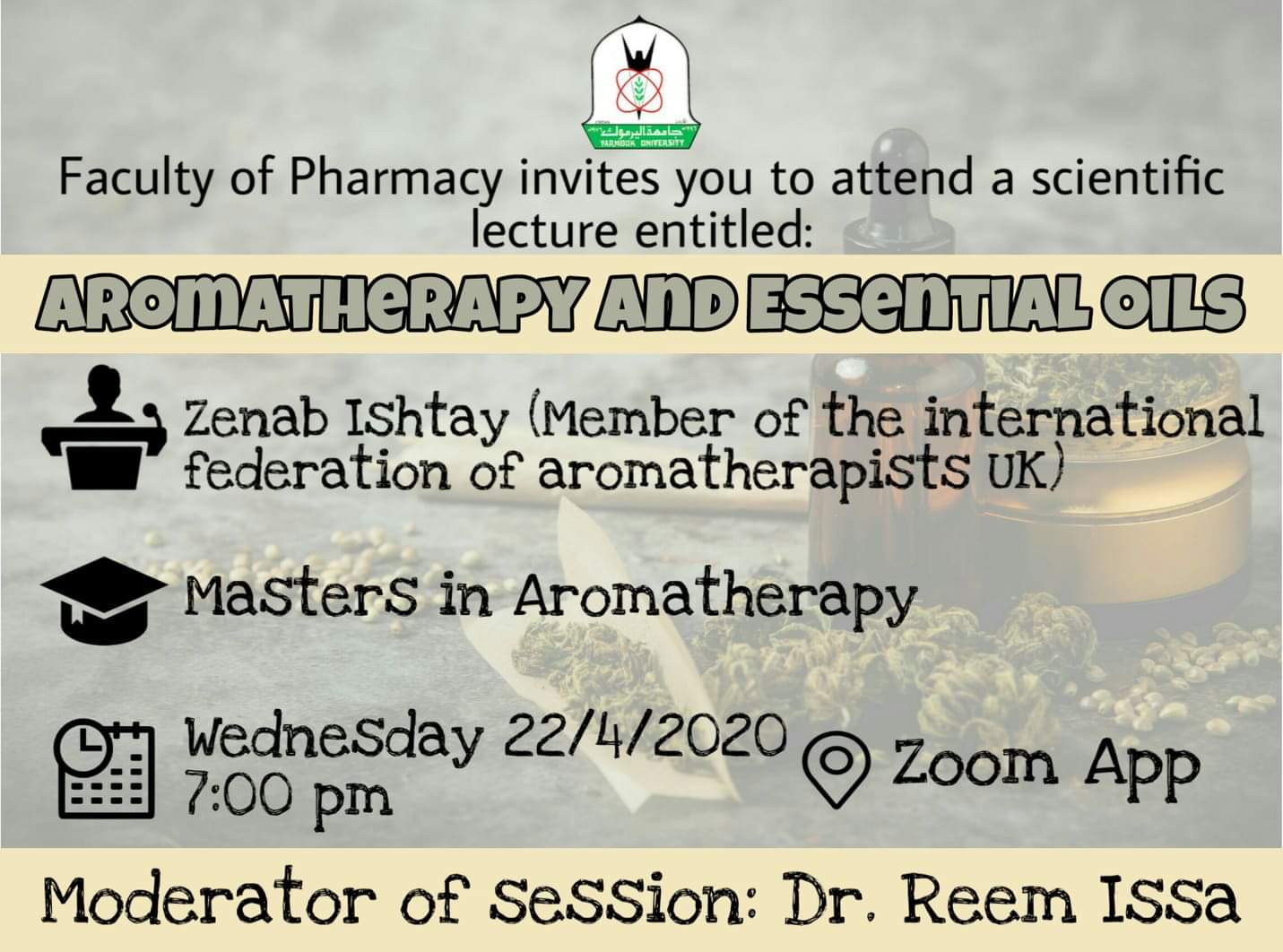 Faculty of pharmacy Holds a scientific lecture entitled "Aromatherapy and Essential Oils" remotely