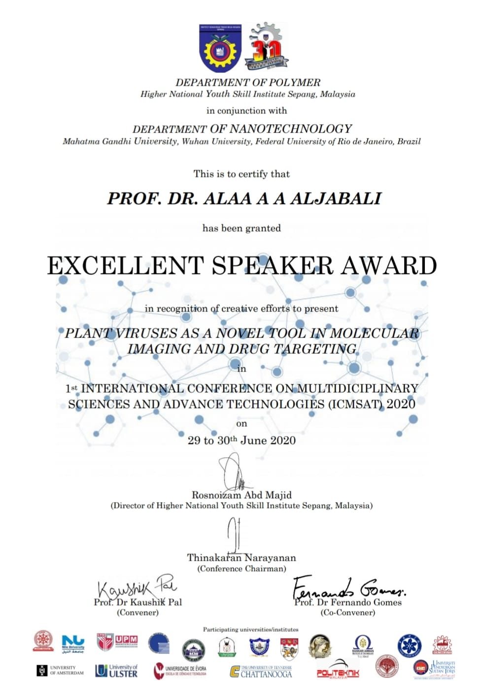 Dr. Alaa Aljabali Wins the Excellent Speaker Award